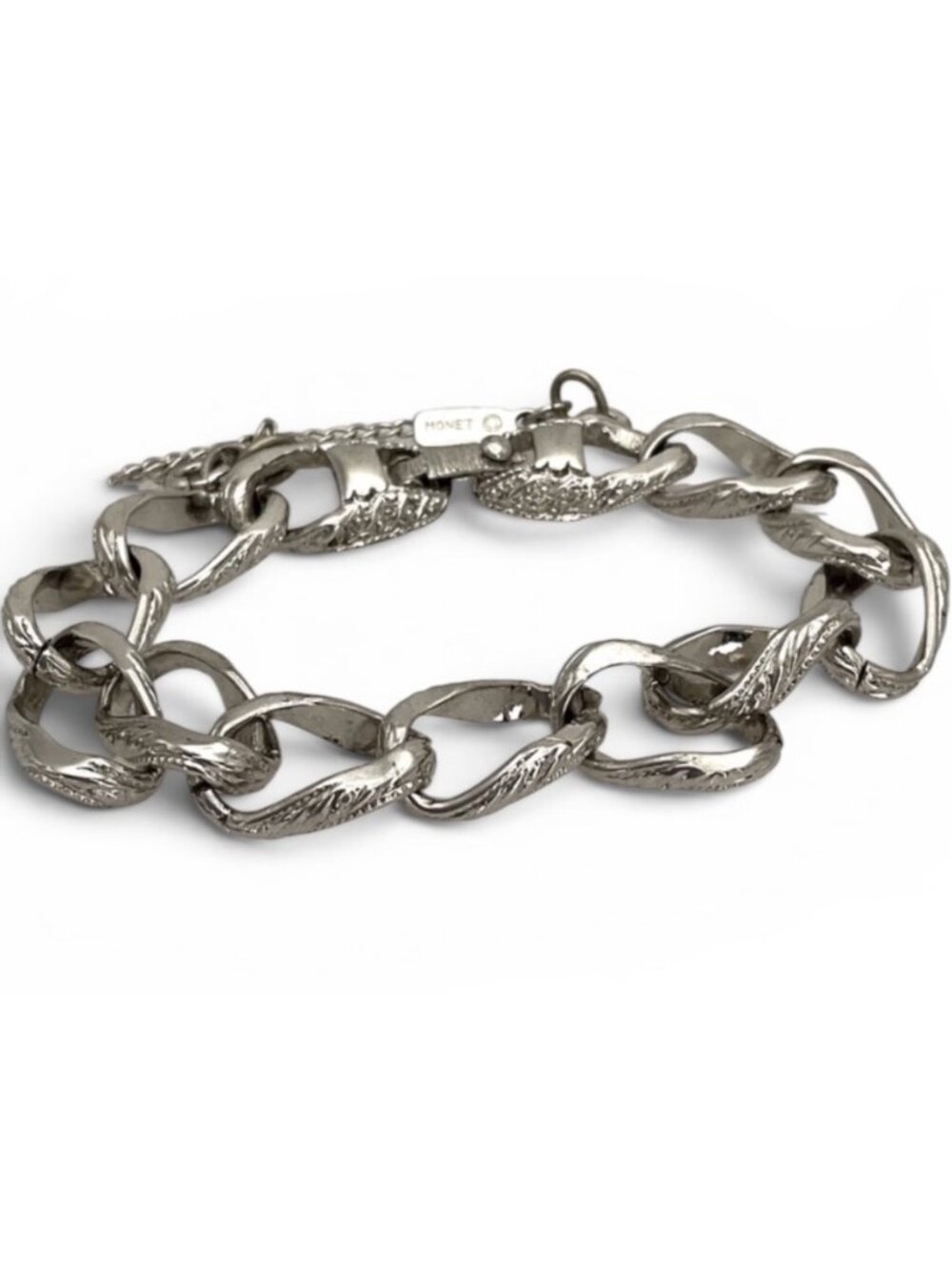 VTG Monet Silver Tone Curb Link Bracelet Charm - Safety Chain Clasp Textured Cha